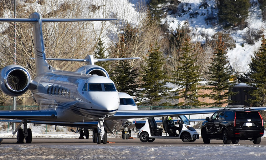 An airplane on a snowy runway